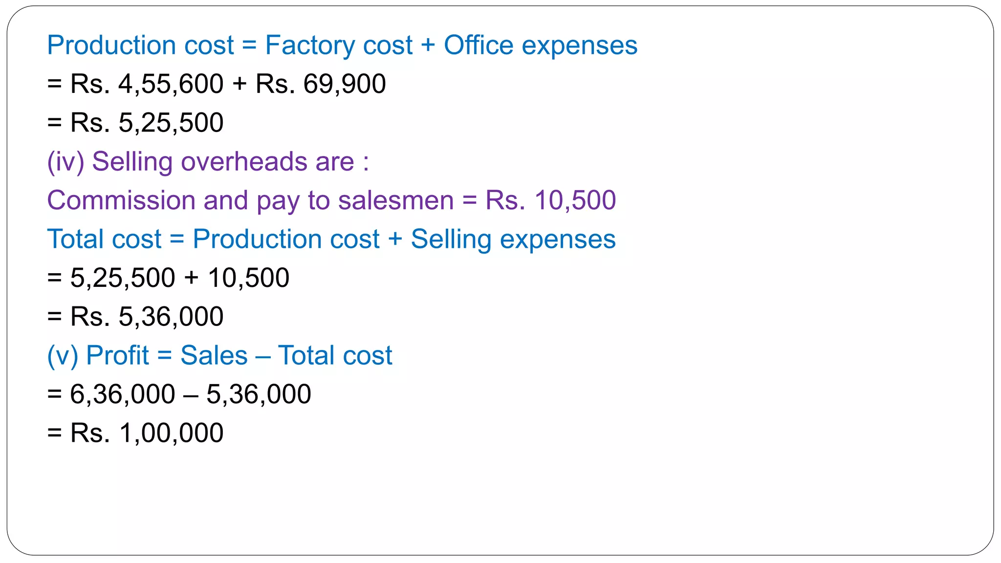 Production cost = Factory cost + Office expenses
= Rs. 4,55,600 + Rs. 69,900
= Rs. 5,25,500
(iv) Selling overheads are :
Commission and pay to salesmen = Rs. 10,500
Total cost = Production cost + Selling expenses
= 5,25,500 + 10,500
= Rs. 5,36,000
(v) Profit = Sales – Total cost
= 6,36,000 – 5,36,000
= Rs. 1,00,000
 
