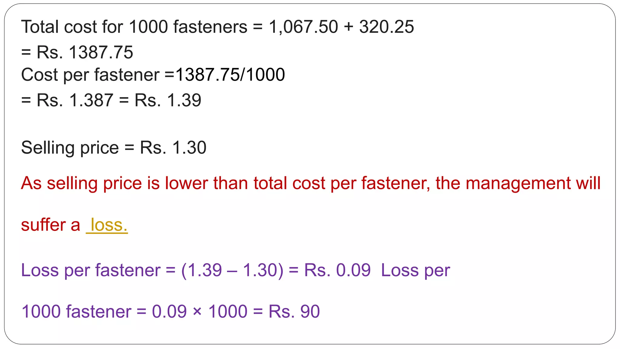 Total cost for 1000 fasteners = 1,067.50 + 320.25
= Rs. 1387.75
Cost per fastener =1387.75/1000
= Rs. 1.387 = Rs. 1.39
Selling price = Rs. 1.30
As selling price is lower than total cost per fastener, the management will
suffer a loss.
Loss per fastener = (1.39 – 1.30) = Rs. 0.09 Loss per
1000 fastener = 0.09 × 1000 = Rs. 90
 