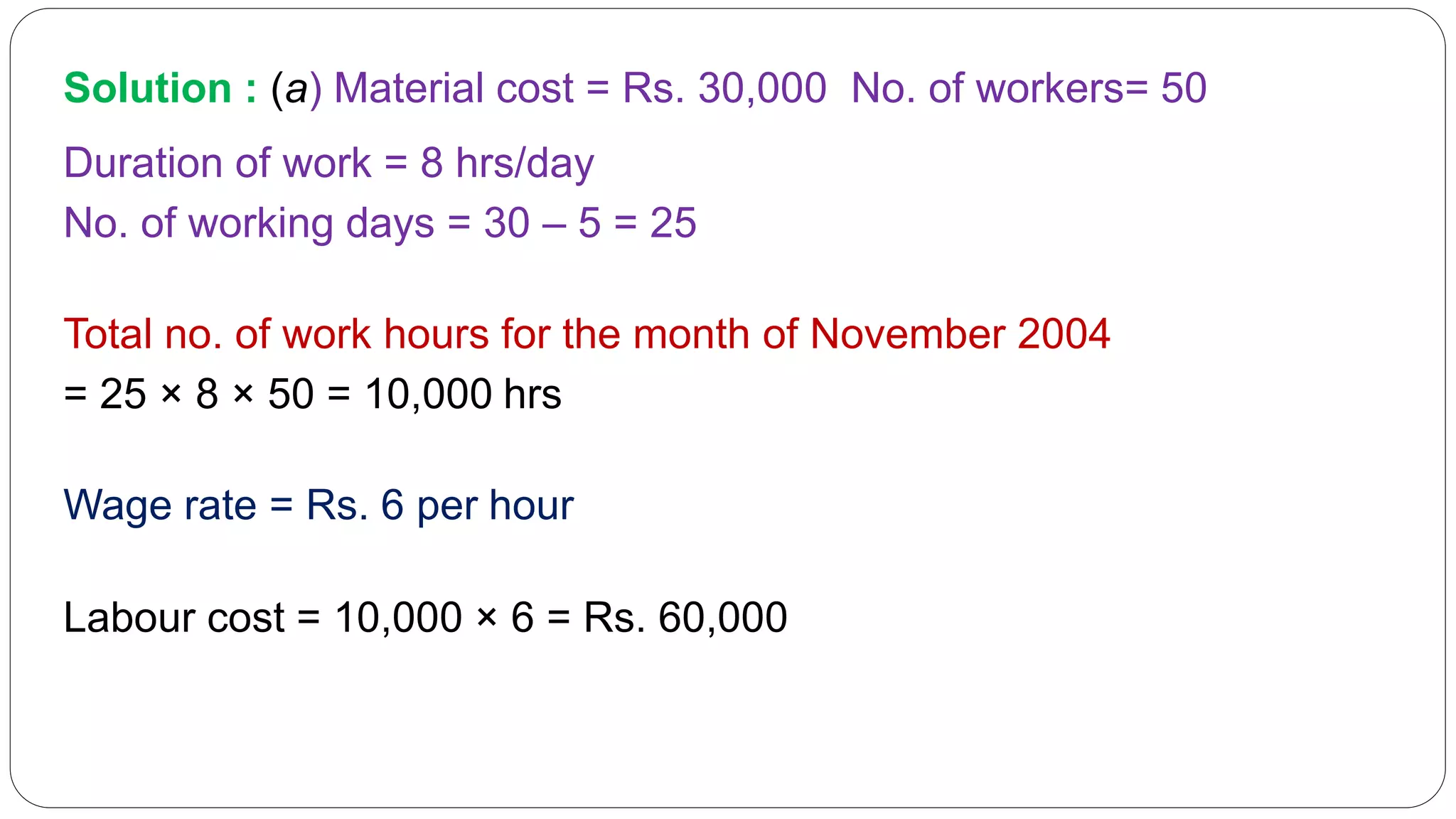 Solution : (a) Material cost = Rs. 30,000 No. of workers= 50
Duration of work = 8 hrs/day
No. of working days = 30 – 5 = 25
Total no. of work hours for the month of November 2004
= 25 × 8 × 50 = 10,000 hrs
Wage rate = Rs. 6 per hour
Labour cost = 10,000 × 6 = Rs. 60,000
 