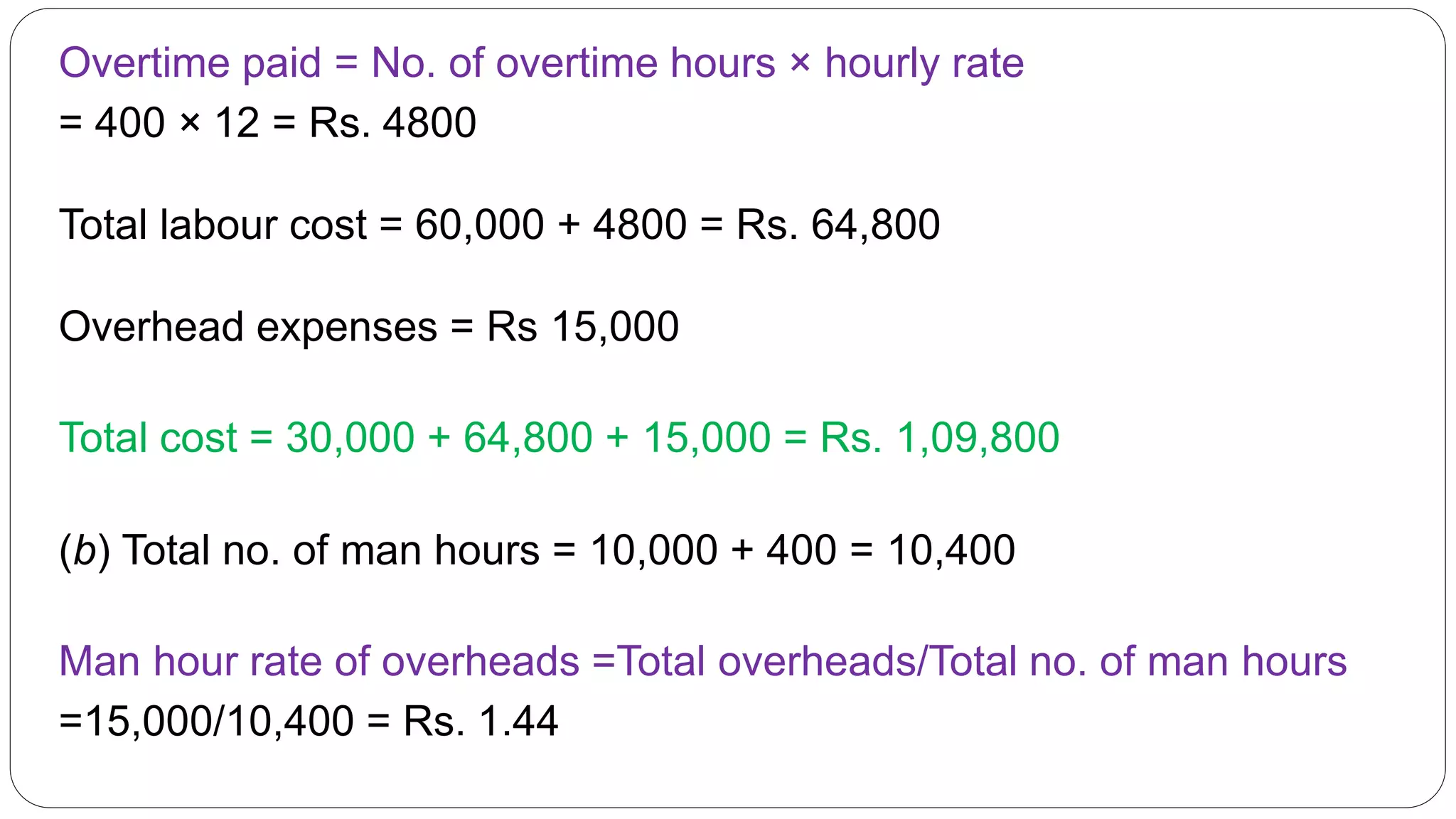Overtime paid = No. of overtime hours × hourly rate
= 400 × 12 = Rs. 4800
Total labour cost = 60,000 + 4800 = Rs. 64,800
Overhead expenses = Rs 15,000
Total cost = 30,000 + 64,800 + 15,000 = Rs. 1,09,800
(b) Total no. of man hours = 10,000 + 400 = 10,400
Man hour rate of overheads =Total overheads/Total no. of man hours
=15,000/10,400 = Rs. 1.44
 