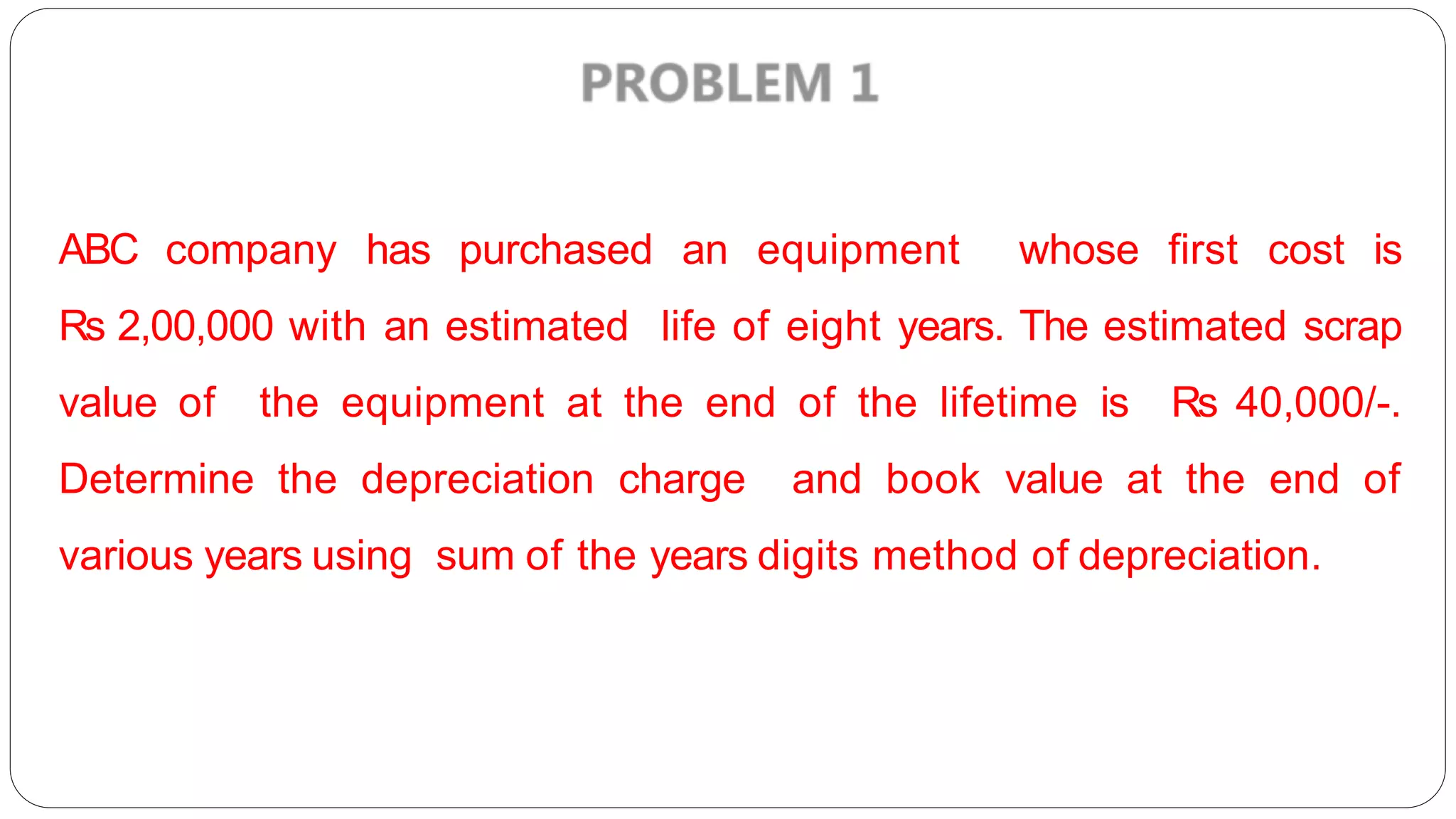 ABC company has purchased an equipment whose first cost is
Rs 2,00,000 with an estimated life of eight years. The estimated scrap
value of the equipment at the end of the lifetime is Rs 40,000/-.
Determine the depreciation charge and book value at the end of
various years using sum of the years digits method of depreciation.
 