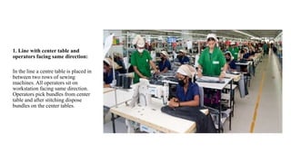 1. Line with center table and
operators facing same direction:
In the line a centre table is placed in
between two rows of sewing
machines. All operators sit on
workstation facing same direction.
Operators pick bundles from center
table and after stitching dispose
bundles on the center tables.
 