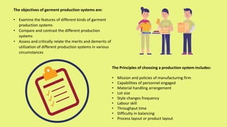 The Principles of choosing a production system includes:
• Mission and policies of manufacturing firm
• Capabilities of personnel engaged
• Material handling arrangement
• Lot size
• Style changes frequency
• Labour skill
• Throughput time
• Difficulty in balancing
• Process layout or product layout
The objectives of garment production systems are:
• Examine the features of different kinds of garment
production systems
• Compare and contrast the different production
systems
• Assess and critically relate the merits and demerits of
utilization of different production systems in various
circumstances
 