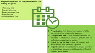 Any production system has four primary factors that
make up the system.
Processing time
+ Transportation time
+ Temporary storage time
+ Inspection time
= Total Production Time.
1. Processing time: It is the total working time of all the
processes involved in assembling a garment.
2. Transportation time: It is the total time consumed for
movement of semi finished or finished garments from one
workstation or department to another.
3. Temporary storage time: It is the idle time of a work
bundle when it waits for the next operation.
4. Inspection time: It is time taken for in-process inspection
of semi finished garments or final inspection of finished
garments before packing.
 