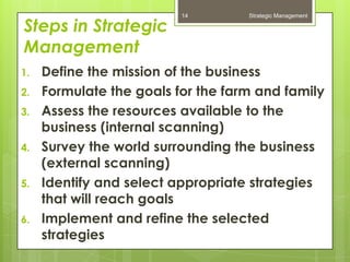 14        Strategic Management

Steps in Strategic
Management
1.   Define the mission of the business
2.   Formulate the goals for the farm and family
3.   Assess the resources available to the
     business (internal scanning)
4.   Survey the world surrounding the business
     (external scanning)
5.   Identify and select appropriate strategies
     that will reach goals
6.   Implement and refine the selected
     strategies
 