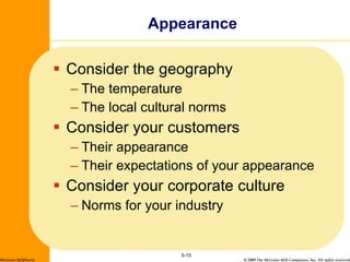 Consider the geography The temperature The local cultural norms Consider your customers Their appearance Their expectations of your appearance Consider your corporate culture Norms for your industry Appearance 5- McGraw-Hill/Irwin 