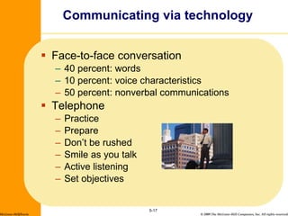Communicating via technology Face-to-face conversation 40 percent: words 10 percent: voice characteristics 50 percent: nonverbal communications Telephone Practice Prepare Don’t be rushed Smile as you talk Active listening Set objectives 5- McGraw-Hill/Irwin 