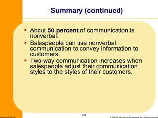 About  50 percent  of communication is nonverbal. Salespeople can use nonverbal communication to convey information to customers. Two-way communication increases when salespeople adjust their communication styles to the styles of their customers. Summary (continued) 5- McGraw-Hill/Irwin 