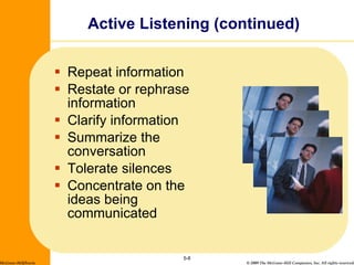 Active Listening (continued) Repeat information Restate or rephrase information Clarify information Summarize the conversation Tolerate silences Concentrate on the ideas being communicated 5- McGraw-Hill/Irwin 
