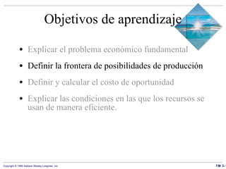 Objetivos de aprendizaje Explicar el problema económico fundamental Definir la frontera de posibilidades de producción Definir y calcular el costo de oportunidad Explicar las condiciones en las que los recursos se usan de manera eficiente. 