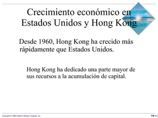 Crecimiento económico en Estados Unidos y Hong Kong Desde 1960, Hong Kong ha crecido más rápidamente que Estados Unidos. Hong Kong ha dedicado una parte mayor de sus recursos a la acumulación de capital. 