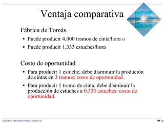 Ventaja comparativa Fábrica de Tomás Puede producir 4,000 tramos de cinta/hora  o Puede producir 1,333 estuches/hora Costo de oportunidad Para producir 1 estuche, debe disminuir la produción de cintas en  3 tramos; costo de oportunidad. Para producir 1 tramo de cinta, debe disminuir la producción de estuches a  0.333 estuches: costo de oportunidad. 