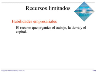 Recursos limitados Habilidades empresariales El recurso que organiza el trabajo, la tierra y el capital. 