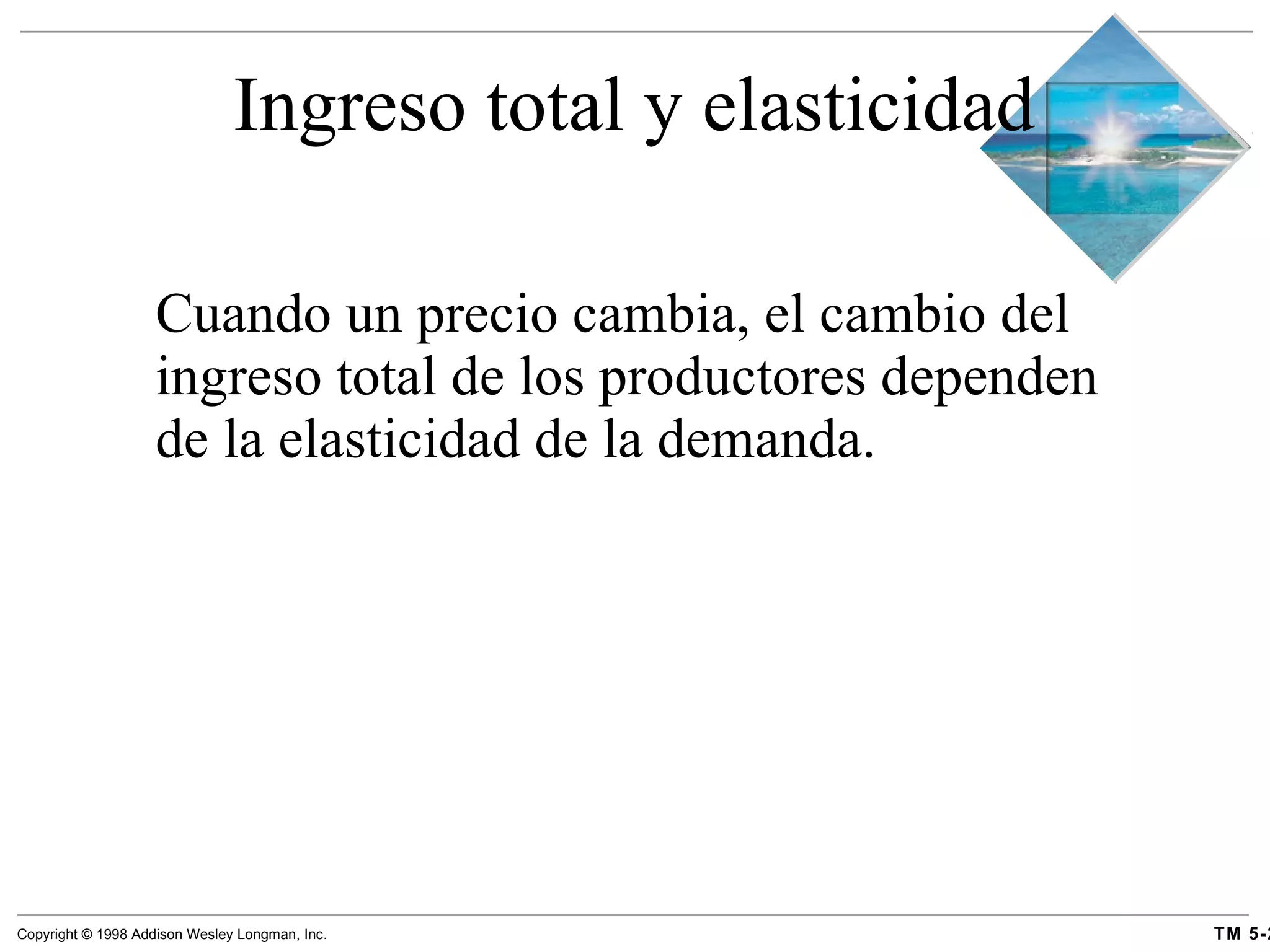 Ingreso total y elasticidad Cuando un precio cambia, el cambio del ingreso total de los productores dependen de la elasticidad de la demanda. 