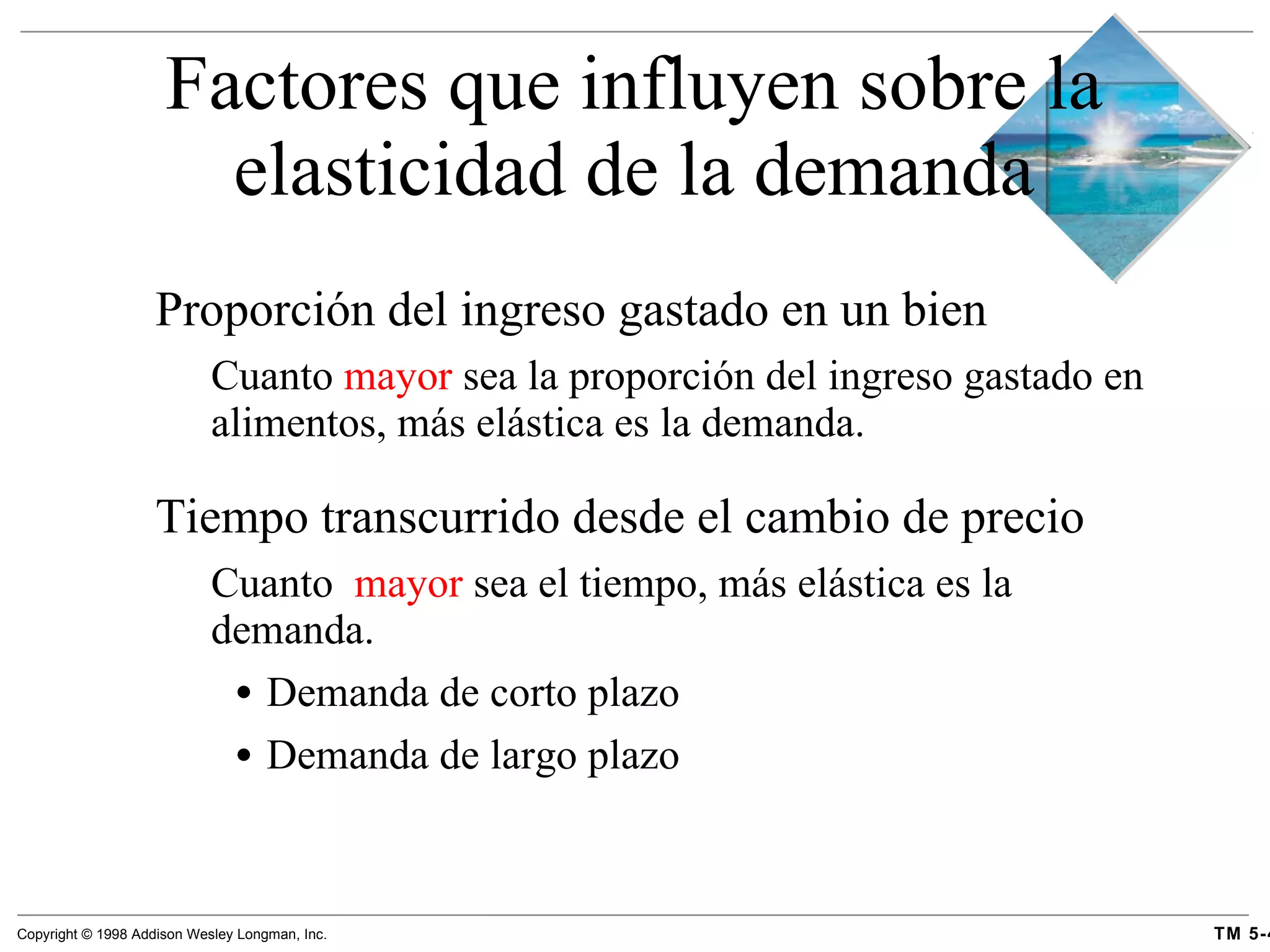 Factores que influyen sobre la elasticidad de la demanda Proporción del ingreso gastado en un bien Cuanto  mayor  sea la proporción del ingreso gastado en alimentos, más elástica es la demanda. Tiempo transcurrido desde el cambio de precio Cuanto  mayor  sea el tiempo, más elástica es la demanda.  Demanda de corto plazo Demanda de largo plazo 