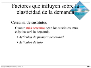 Factores que influyen sobre la elasticidad de la demanda Cercanía de sustitutos Cuanto  más cercanos  sean los sustituos, más elástica será la demanda. Artículos de primera necesidad Artículos de lujo 