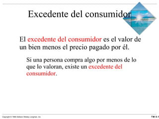 Excedente del consumidor El  excedente del consumidor  es el valor de un bien menos el precio pagado por él. Si una persona compra algo por menos de lo que lo valoran, existe un  excedente del consumidor . 