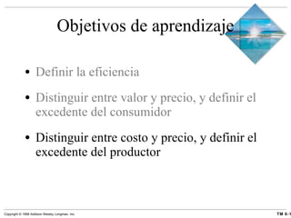 Objetivos de aprendizaje Definir la eficiencia Distinguir entre valor y precio, y definir el excedente del consumidor  Distinguir entre costo y precio, y definir el excedente del productor  
