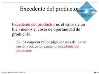 Excedente del productor Excedente del productor  es el valor de un bien menos el costo de oportunidad de producirlo. Si una empresa vende algo por más de lo que costó producirlo, existe un  excedente del productor. 