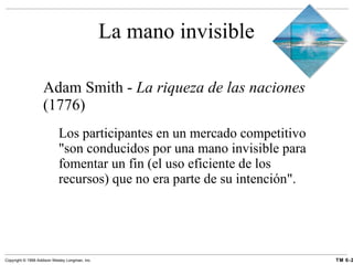 La mano invisible Adam Smith -  La riqueza de las naciones  (1776) Los participantes en un mercado competitivo "son conducidos por una mano invisible para fomentar un fin (el uso eficiente de los recursos) que no era parte de su intención". 