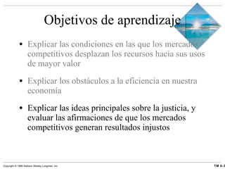 Objetivos de aprendizaje Explicar las condiciones en las que los mercados competitivos desplazan los recursos hacia sus usos de mayor valor Explicar los obstáculos a la eficiencia en nuestra economía Explicar las ideas principales sobre la justicia, y evaluar las afirmaciones de que los mercados competitivos generan resultados injustos 