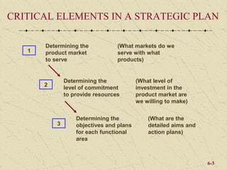 CRITICAL ELEMENTS IN A STRATEGIC PLAN

       Determining the            (What markets do we
   1   product market             serve with what
       to serve                   products)


               Determining the            (What level of
       2
               level of commitment        investment in the
               to provide resources       product market are
                                          we willing to make)


                   Determining the            (What are the
           3       objectives and plans       detailed aims and
                   for each functional        action plans)
                   area



                                                                  6-3
 