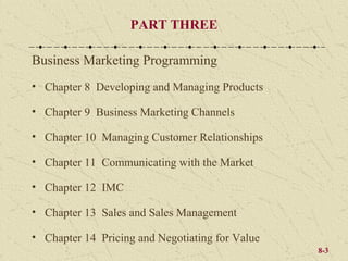 PART THREE

Business Marketing Programming
• Chapter 8 Developing and Managing Products

• Chapter 9 Business Marketing Channels

• Chapter 10 Managing Customer Relationships

• Chapter 11 Communicating with the Market

• Chapter 12 IMC

• Chapter 13 Sales and Sales Management

• Chapter 14 Pricing and Negotiating for Value
                                                 8-3
 