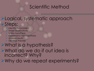 Scientific Method Logical, systematic approach Steps:  Identify the problem Make observations Make hypothesis Experiment/ test hypothesis Analyze results Develop theories What is a hypothesis? What do we do if out idea is incorrect? Why? Why do we repeat experiments? 