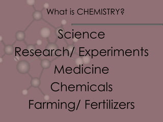 What is CHEMISTRY? Science Research/ Experiments Medicine Chemicals Farming/ Fertilizers 