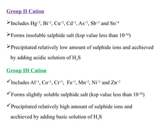 Group II Cation
Includes Hg+2
, Bi+2
, Cu+2
, Cd+2
, As+3
, Sb+3
and Sn+4
Forms insoluble salphide salt (ksp value less than 10-30
)
Precipitated relatively low amount of sulphide ions and acchieved
by adding acidic solution of H2S
Group III Cation
Includes Al+3
, Co+2
, Cr+3
, Fe+3
, Mn+2
, Ni+2
and Zn+2
Forms slightly soluble sulphide salt (ksp value less than 10-20
)
Precipitated relatively high amount of sulphide ions and
acchieved by adding basic solution of H2S
 