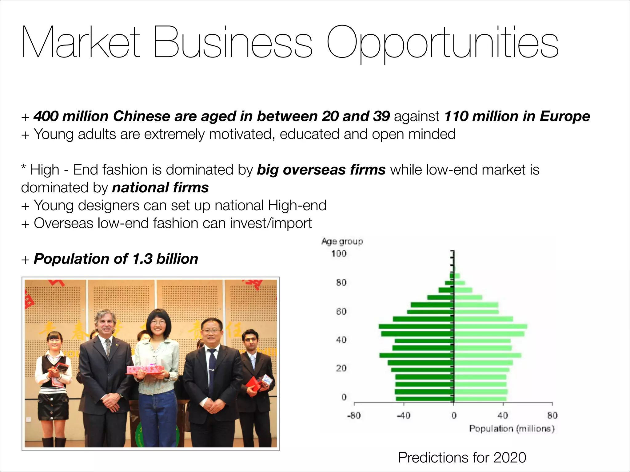 Market Business Opportunities
+ 400 million Chinese are aged in between 20 and 39 against 110 million in Europe
+ Young adults are extremely motivated, educated and open minded

* High - End fashion is dominated by big overseas ﬁrms while low-end market is
dominated by national ﬁrms
+ Young designers can set up national High-end
+ Overseas low-end fashion can invest/import

+ Population of 1.3 billion




                                                        Predictions for 2020
 