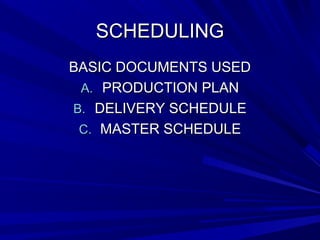 SSCCHHEEDDUULLIINNGG 
BBAASSIICC DDOOCCUUMMEENNTTSS UUSSEEDD 
AA.. PPRROODDUUCCTTIIOONN PPLLAANN 
BB.. DDEELLIIVVEERRYY SSCCHHEEDDUULLEE 
CC.. MMAASSTTEERR SSCCHHEEDDUULLEE 
 