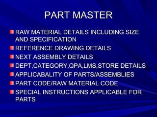 PPAARRTT MMAASSTTEERR 
RRAAWW MMAATTEERRIIAALL DDEETTAAIILLSS IINNCCLLUUDDIINNGG SSIIZZEE 
AANNDD SSPPEECCIIFFIICCAATTIIOONN 
RREEFFEERREENNCCEE DDRRAAWWIINNGG DDEETTAAIILLSS 
NNEEXXTT AASSSSEEMMBBLLYY DDEETTAAIILLSS 
DDEEPPTT,,CCAATTEEGGOORRYY,,QQPPAA,,LLMMSS,,SSTTOORREE DDEETTAAIILLSS 
AAPPPPLLIICCAABBAALLIITTYY OOFF PPAARRTTSS//AASSSSEEMMBBLLIIEESS 
PPAARRTT CCOODDEE//RRAAWW MMAATTEERRIIAALL CCOODDEE 
SSPPEECCIIAALL IINNSSTTRRUUCCTTIIOONNSS AAPPPPLLIICCAABBLLEE FFOORR 
PPAARRTTSS 
 