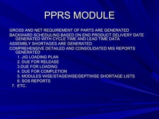 PPPPRRSS MMOODDUULLEE 
GGRROOSSSS AANNDD NNEETT RREEQQUUIIRREEMMEENNTT OOFF PPAARRTTSS AARREE GGEENNEERRAATTEEDD 
BBAACCKKWWAARRDD SSCCHHEEDDUULLIINNGG BBAASSEEDD OONN EENNDD PPRROODDUUCCTT DDEELLIIVVEERRYY DDAATTEE 
GGEENNEERRAATTEEDD WWIITTHH CCYYCCLLEE TTIIMMEE AANNDD LLEEAADD TTIIMMEE DDAATTAA 
AASSSSEEMMBBLLYY SSHHOORRTTAAGGEESS AARREE GGEENNEERRAATTEEDD 
CCOOMMPPRREEHHEENNSSIIVVEE DDEETTAAIILLEEDD AANNDD CCOONNSSOOLLIIDDAATTEEDD MMIISS RREEPPOORRTTSS 
GGEENNEERRAATTEEDD 
11.. JJIIGG LLOOAADDIINNGG PPLLAANN 
22.. DDUUEE FFOORR RREELLEEAASSEE 
33..DDUUEE FFOORR LLOOAADDIINNGG 
44.. DDUUEE FFOORR CCOOMMPPLLEETTIIOONN 
55.. MMOODDUULLEESS WWIISSEE//SSTTAAGGEEWWIISSEE//DDEEPPTTWWIISSEE SSHHOORRTTAAGGEE LLIISSTTSS 
66.. SSOOSS RREEPPOORRTTSS 
77.. EETTCC.. 
 