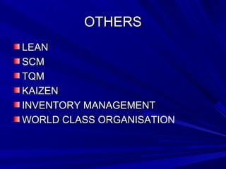 OOTTHHEERRSS 
LLEEAANN 
SSCCMM 
TTQQMM 
KKAAIIZZEENN 
IINNVVEENNTTOORRYY MMAANNAAGGEEMMEENNTT 
WWOORRLLDD CCLLAASSSS OORRGGAANNIISSAATTIIOONN 
