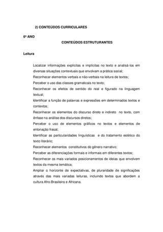2) CONTEÚDOS CURRICULARES
6º ANO
CONTEÚDOS ESTRUTURANTES
Leitura
Localizar informações explícitas e implícitas no texto e analisá-los em
diversas situações contextuais que envolvam a prática social;
Reconhecer elementos verbais e não-verbais na leitura de textos;
Perceber o uso das classes gramaticais no texto;
Reconhecer os efeitos de sentido do real e figurado na linguagem
textual;
Identificar a função de palavras e expressões em determinados textos e
contextos;
Reconhecer os elementos do discurso direto e indireto no texto, com
ênfase na análise dos discursos diretos;
Perceber o uso de elementos gráficos no textos e elementos de
entonação frasal;
Identificar as particularidades linguísticas e do tratamento estético do
texto literário;
Reconhecer elementos constitutivos do gênero narrativo;
Perceber as diferenciações formais e informais em diferentes textos;
Reconhecer os mais variados posicionamentos de ideias que envolvem
textos da mesma temática;
Ampliar o horizonte de expectativas, de pluraridade de significações
através das mais variadas leituras, incluindo textos que abordem a
cultura Afro-Brasileira e Africana.
 