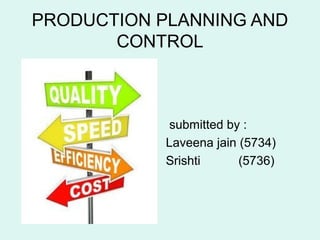 PRODUCTION PLANNING AND
CONTROL
submitted by :
Laveena jain (5734)
Srishti (5736)
 