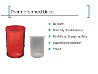 Thermoformed Liners
 No seams
 Uniformity of wall thickness
 Flexibility vs. Strength vs. Price
 Straight side or Accordion
 Vented
 