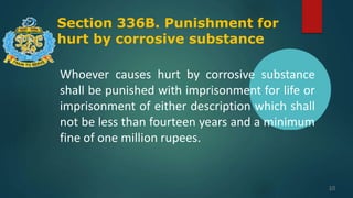 Section 336B. Punishment for
hurt by corrosive substance
10
Whoever causes hurt by corrosive substance
shall be punished with imprisonment for life or
imprisonment of either description which shall
not be less than fourteen years and a minimum
fine of one million rupees.
 