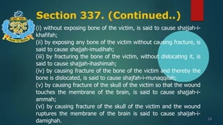 Section 337. (Continued..)
14
(i) without exposing bone of the victim, is said to cause shajjah-i-
khafifah;
(ii) by exposing any bone of the victim without causing fracture, is
said to cause shajjah-imudihah;
(iii) by fracturing the bone of the victim, without dislocating it, is
said to cause shajjah-ihashimah;
(iv) by causing fracture of the bone of the victim and thereby the
bone is dislocated, is said to cause shajfah-i-munaqqilah;
(v) by causing fracture of the skull of the victim so that the wound
touches the membrane of the brain, is said to cause shajjah-i-
ammah;
(vi) by causing fracture of the skull of the victim and the wound
ruptures the membrane of the brain is said to cause shaijah-i-
damighah.
 
