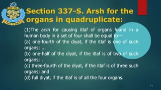 Section 337-S. Arsh for the
organs in quadruplicate:
51
(1)The arsh for causing itlaf of organs found in a
human body in a set of four shall be equal to—
(a) one-fourth of the diyat, if the itlaf is one of such
organs; ...
(b) one-half of the diyat, if the itlaf is of two of such
organs; .
(c) three-fourth of the diyat, if the itlaf is of three such
organs; and
(d) full diyat, if the itlaf is of all the four organs.
 