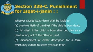 Section 338-C. Punishment
for Isqat-i-janin : :
67
Whoever causes isqat-i-ianin sha!l be liable to;
(a) one-twentieth of the diyat if the child is born dead;
(b) full diyat if the chitd is born alive but dies as a
result of any act of the offender; and
(c) imprisonment of either description for a term
which may extend to seven years as ta'zir:
 