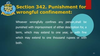 Section 342. Punishment for
wrongful confinement:
80
Whoever wrongfully confines any person,shall be
punished with imprisonment of either description for, a
term, which may extend to one year, or with fine
which may extend to one thousand rupees or with
both.
 