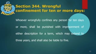 Section 344. Wrongful
confinement for ten or more days:
82
Whoever wrongfully confines any person for ten days
or more, shall be punished with imprisonment of
either description for a term, which may extend to
three years, and shall also be liable to fine.
 