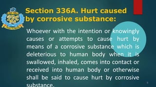 Section 336A. Hurt caused
by corrosive substance:
9
Whoever with the intention or knowingly
causes or attempts to cause hurt by
means of a corrosive substance which is
deleterious to human body when it is
swallowed, inhaled, comes into contact or
received into human body or otherwise
shall be said to cause hurt by corrosive
 