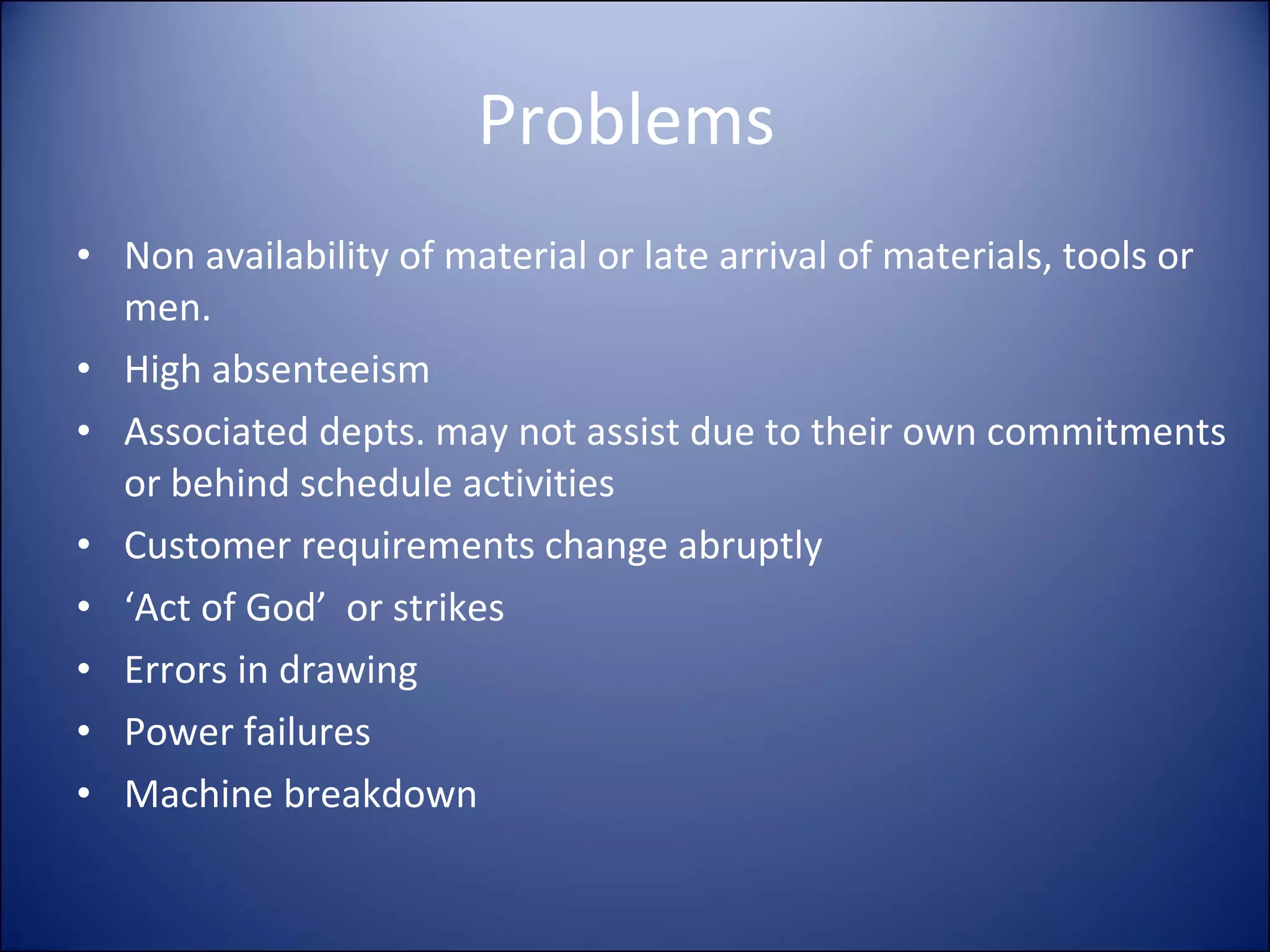 Problems  Non availability of material or late arrival of materials, tools or men. High absenteeism Associated depts. may not assist due to their own commitments or behind schedule activities Customer requirements change abruptly ‘ Act of God’  or strikes Errors in drawing Power failures Machine breakdown 