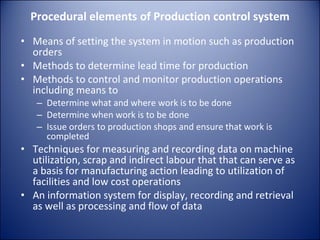 Procedural elements of Production control system Means of setting the system in motion such as production orders Methods to determine lead time for production Methods to control and monitor production operations including means to  Determine what and where work is to be done Determine when work is to be done Issue orders to production shops and ensure that work is completed Techniques for measuring and recording data on machine utilization, scrap and indirect labour that that can serve as a basis for manufacturing action leading to utilization of facilities and low cost operations An information system for display, recording and retrieval as well as processing and flow of data  