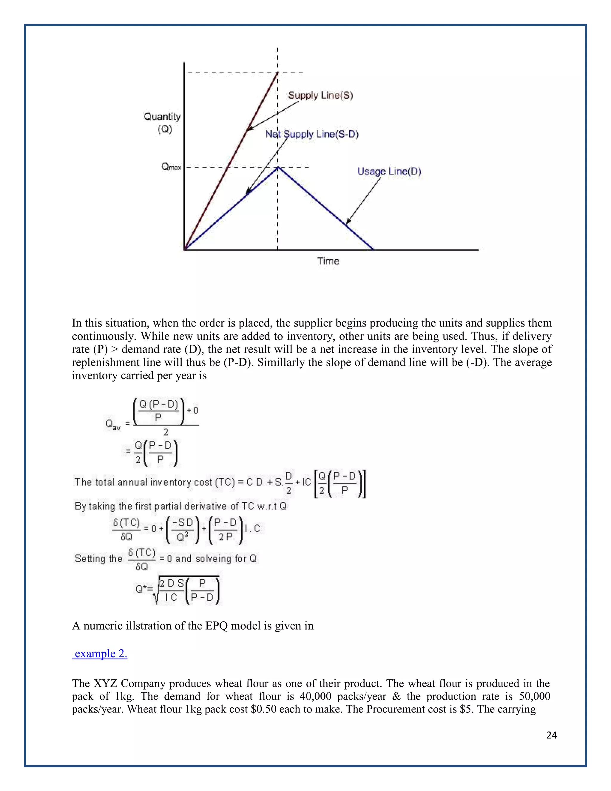 24
In this situation, when the order is placed, the supplier begins producing the units and supplies them
continuously. While new units are added to inventory, other units are being used. Thus, if delivery
rate (P) > demand rate (D), the net result will be a net increase in the inventory level. The slope of
replenishment line will thus be (P-D). Simillarly the slope of demand line will be (-D). The average
inventory carried per year is
A numeric illstration of the EPQ model is given in
example 2.
The XYZ Company produces wheat flour as one of their product. The wheat flour is produced in the
pack of 1kg. The demand for wheat flour is 40,000 packs/year & the production rate is 50,000
packs/year. Wheat flour 1kg pack cost $0.50 each to make. The Procurement cost is $5. The carrying
 