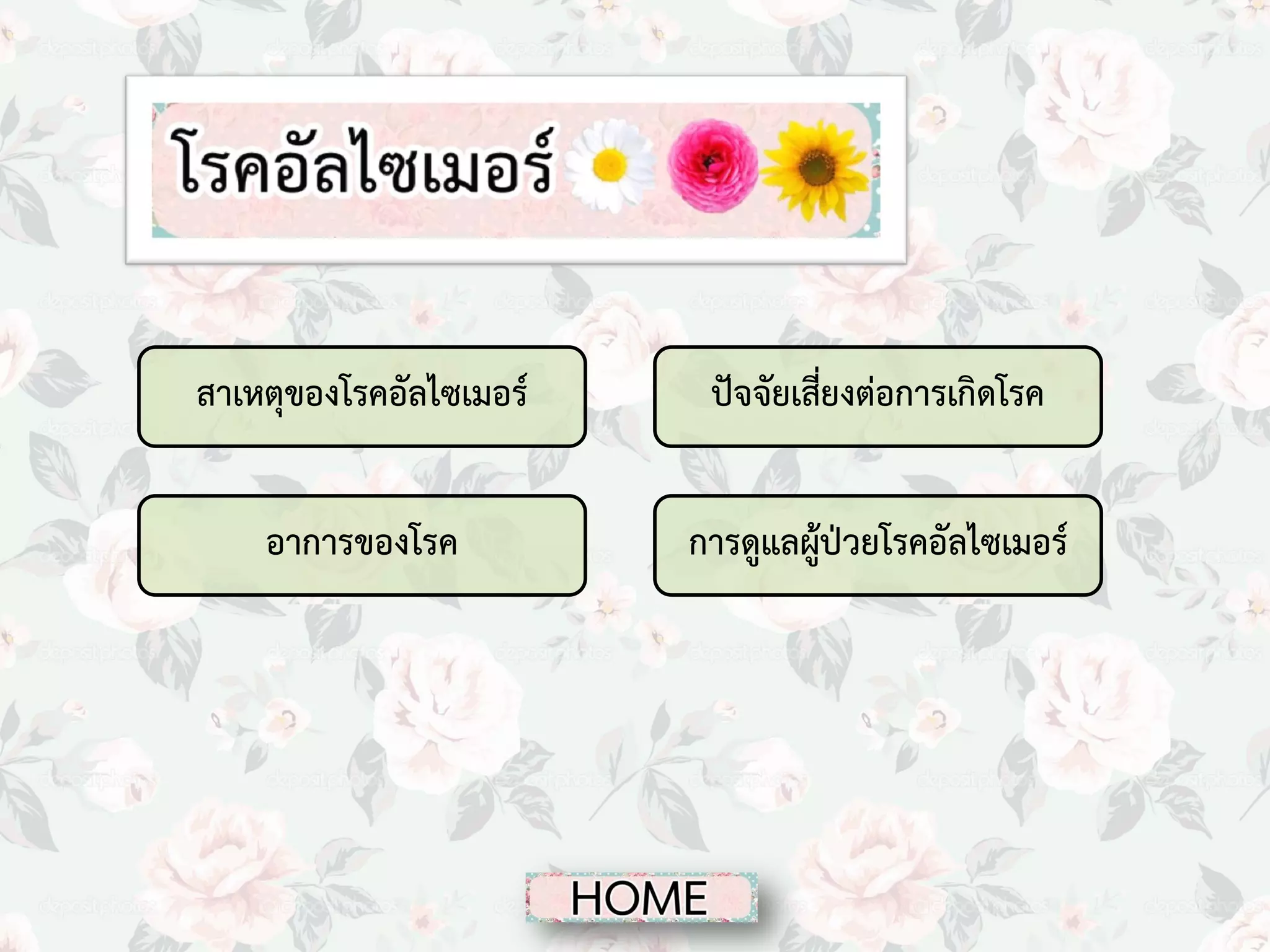 สาเหตุของโรคอัลไซเมอร์

ปัจจัยเสี่ยงต่อการเกิดโรค

อาการของโรค

การดูแลผู้ป่วยโรคอัลไซเมอร์

 