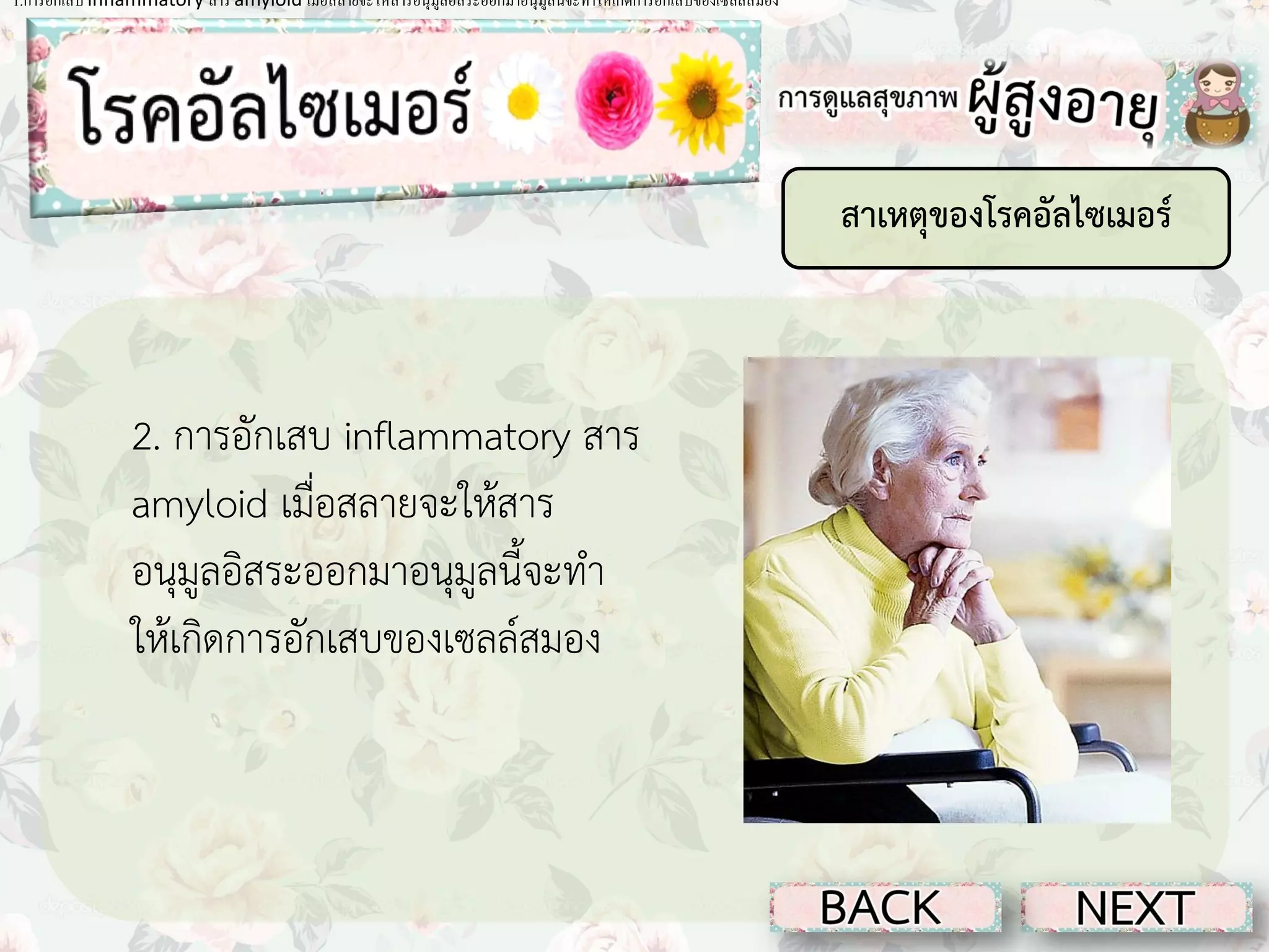 1.การอักเสบ inflammatory สาร amyloid เมื่อสลายจะให้สารอนุมูลอิสระออกมาอนุมูลนี้ จะทาให้เกิดการอักเสบของเซลล์สมอง

สาเหตุของโรคอัลไซเมอร์

2. การอักเสบ inflammatory สาร
amyloid เมื่อสลายจะให้สาร
อนุมูลอิสระออกมาอนุมูลนี้จะทา
ให้เกิดการอักเสบของเซลล์สมอง

 